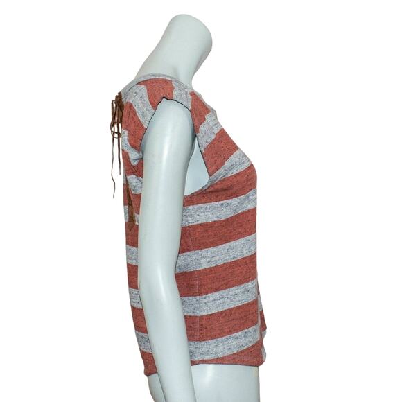 SANDRO Women's Size 3 Short Sleeve Sweatshirt Back Leather Lace up Striped - Picture 9 of 10